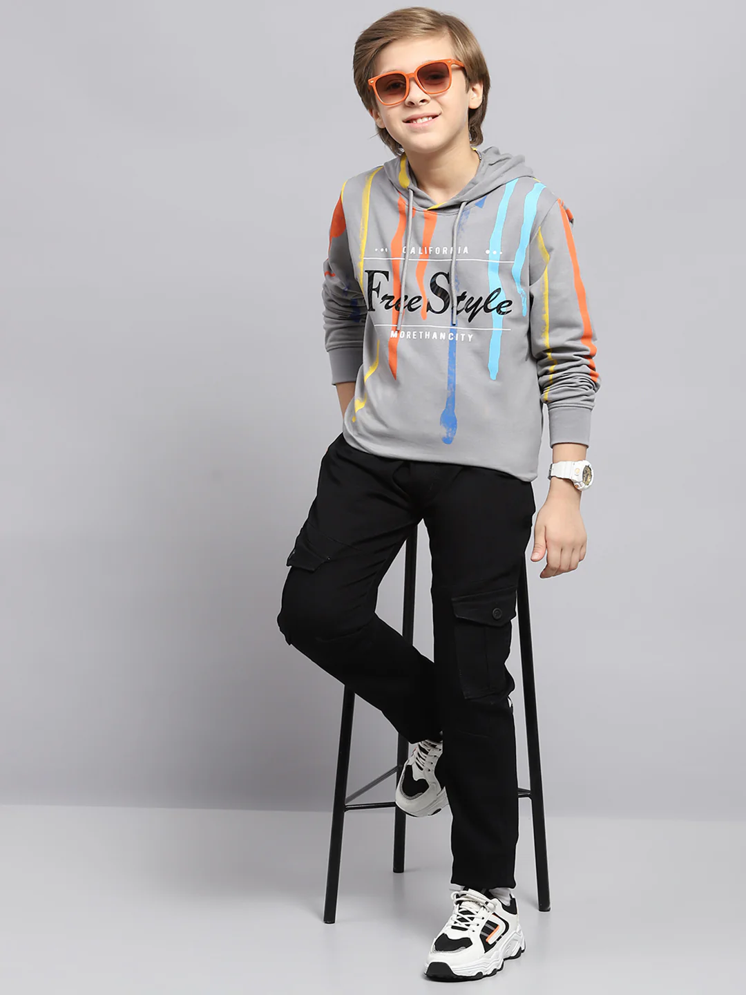 Boys Grey Printed Hooded Full Sleeve Sweatshirt - Image 2