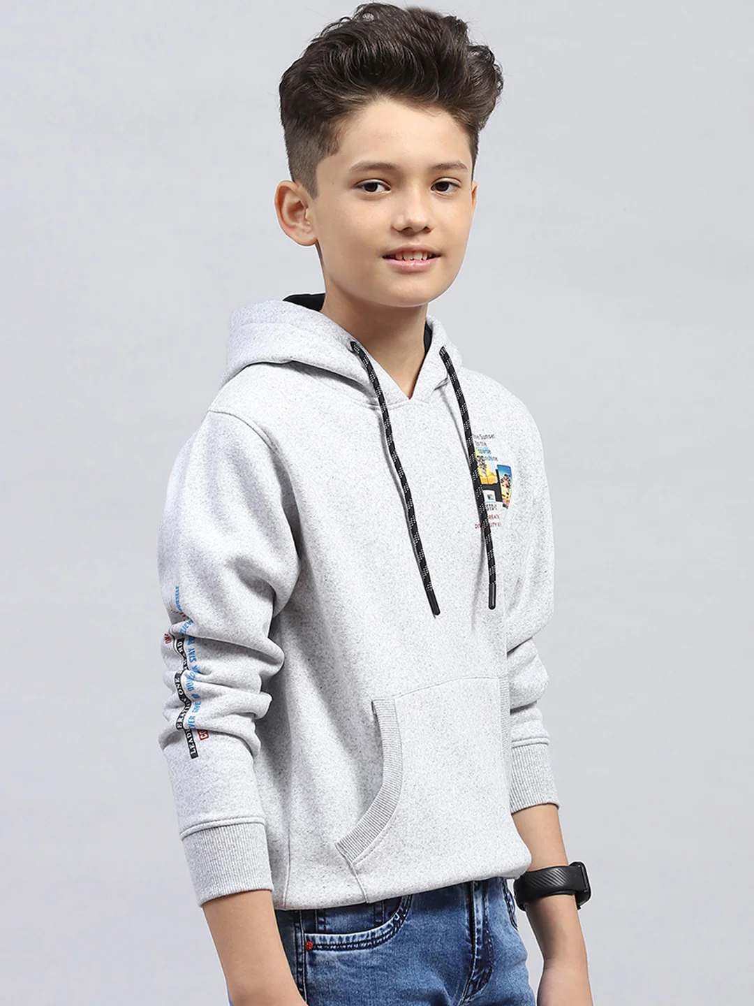 Boys Grey Printed Hooded Full Sleeve Sweatshirt - Image 4