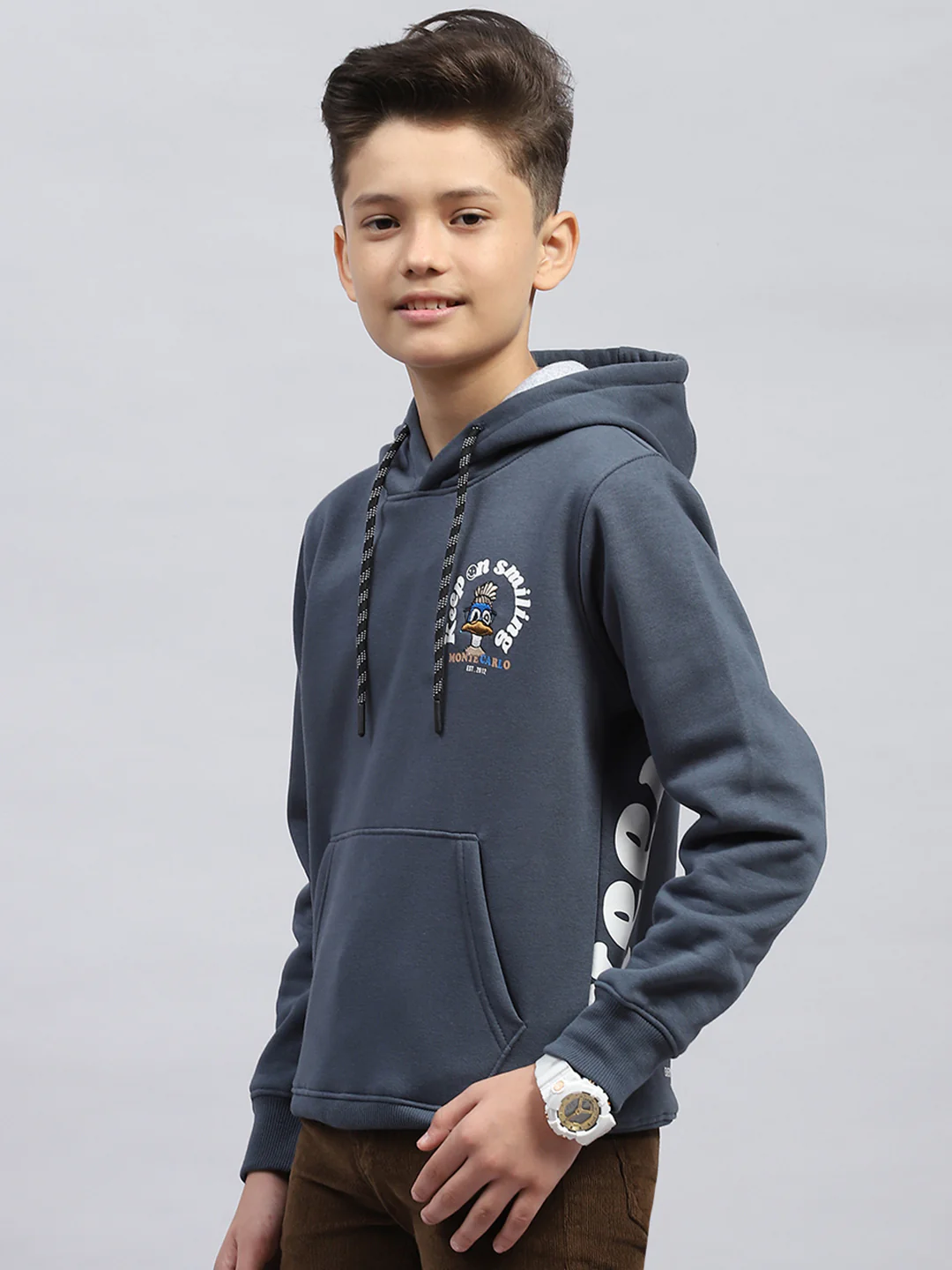 Boys Grey Printed Hooded Full Sleeve Sweatshirt - Image 3