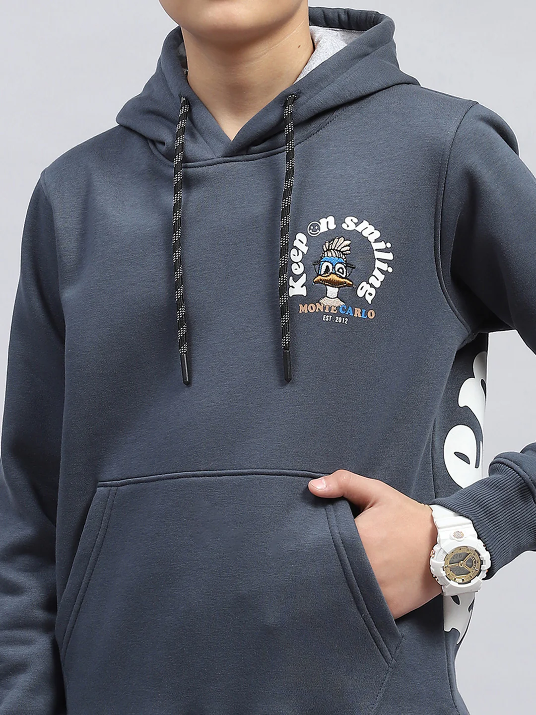 Boys Grey Printed Hooded Full Sleeve Sweatshirt - Image 6