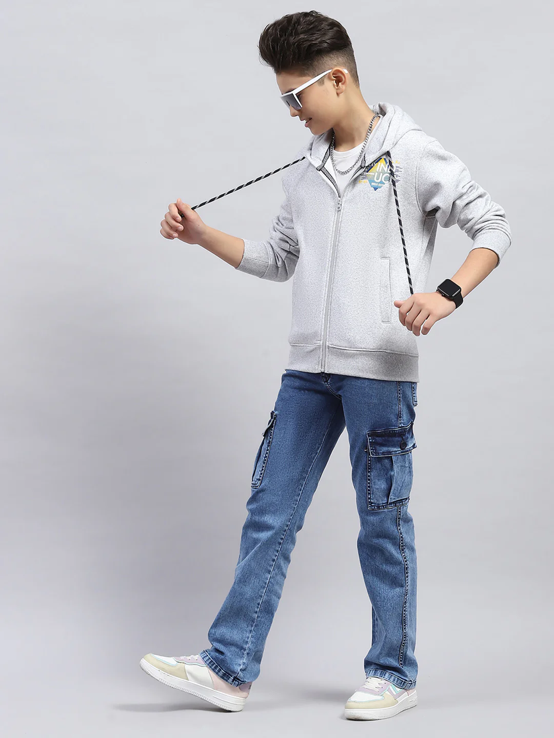 Boys Grey Printed Hooded Full Sleeve Sweatshirt - Image 2