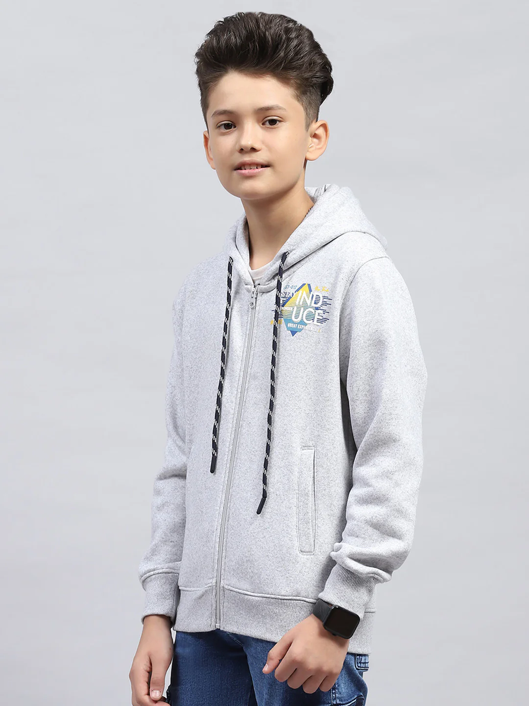 Boys Grey Printed Hooded Full Sleeve Sweatshirt - Image 3