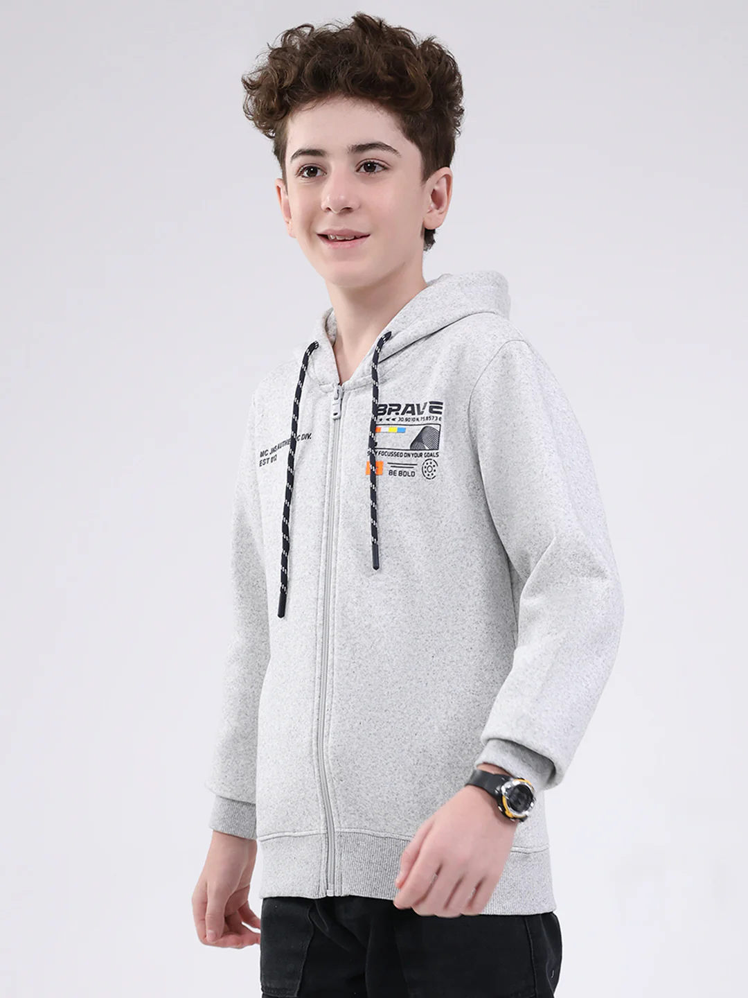 Boys Grey Printed Hooded Full Sleeve Sweatshirt - Image 3