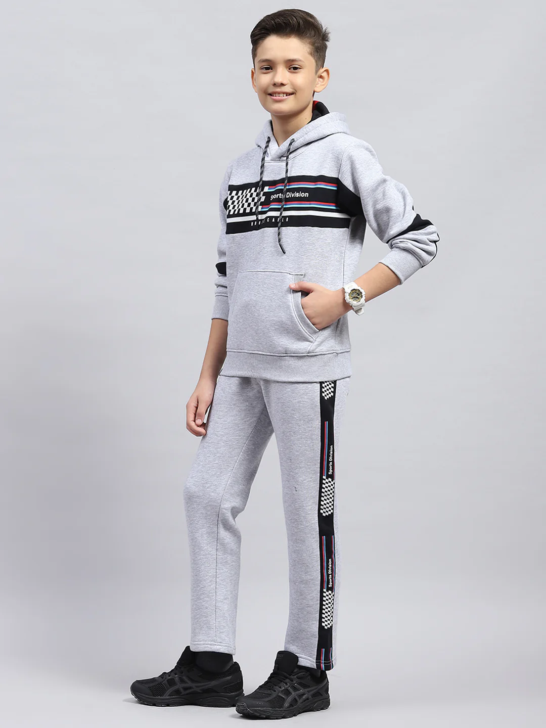 Boys Grey Printed Hooded Full Sleeve Tracksuit - Image 3