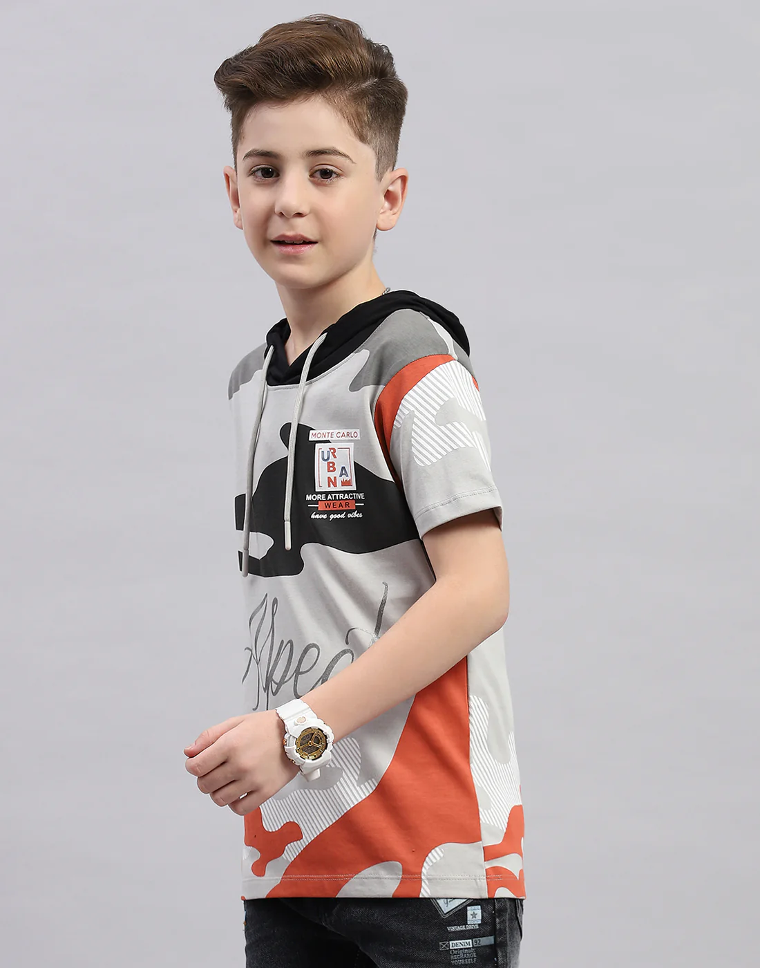 Boys Grey Printed Hooded Half Sleeve T-Shirt - Image 3