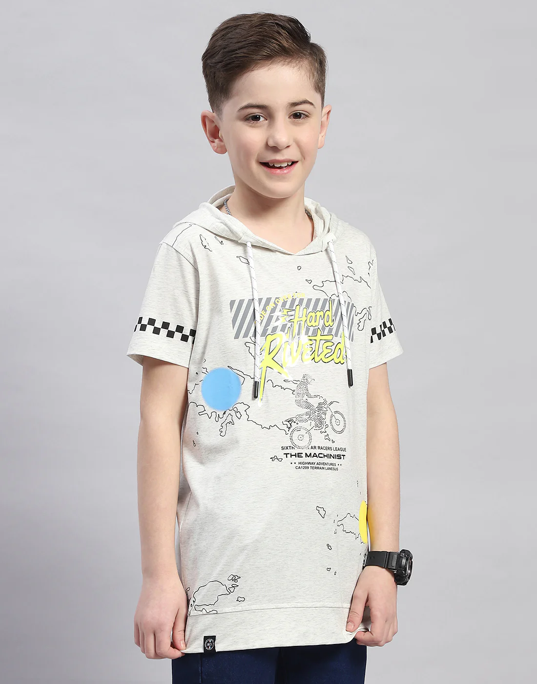Boys Grey Printed Hooded Half Sleeve T-Shirt - Image 4