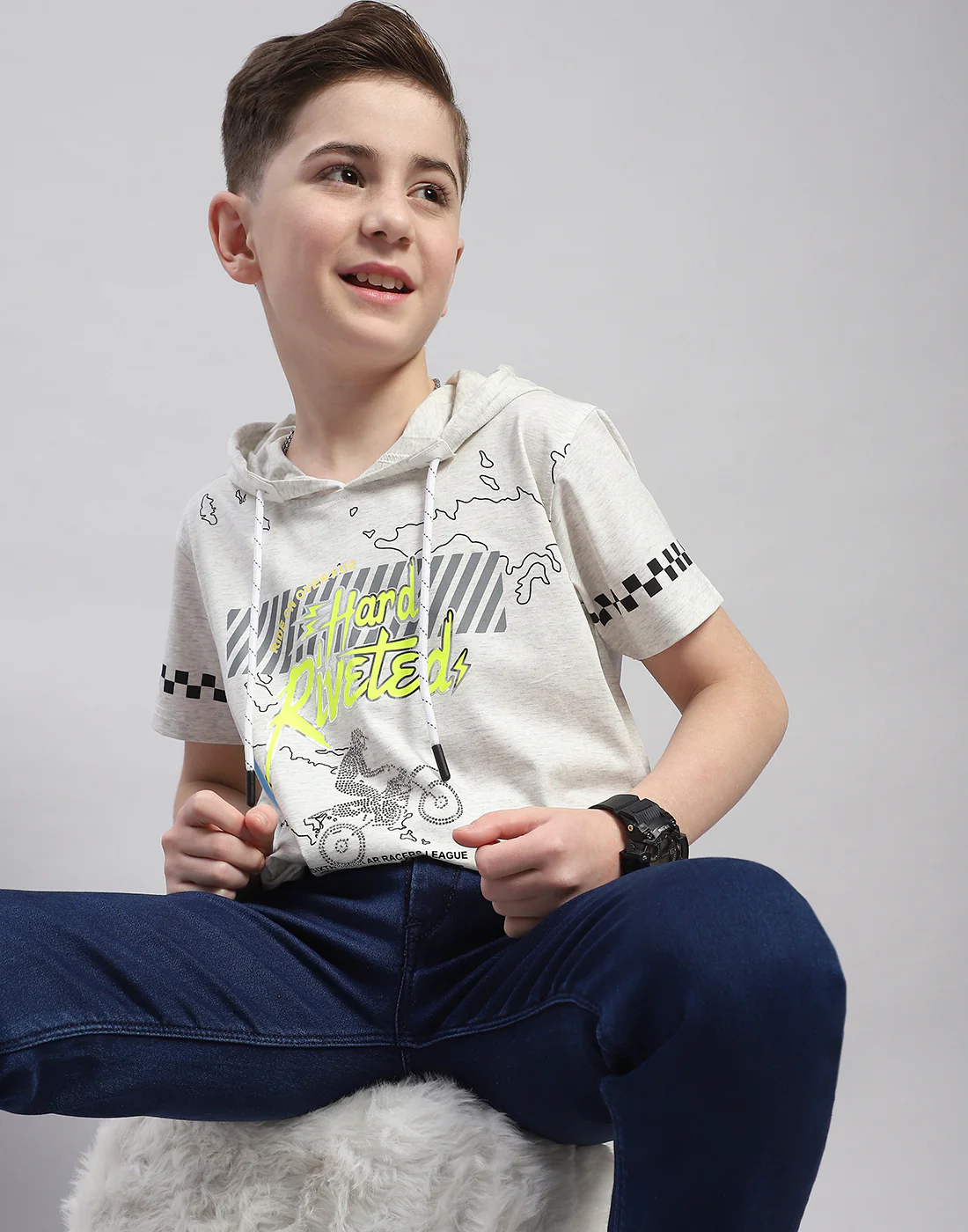 Boys Grey Printed Hooded Half Sleeve T-Shirt - Image 6