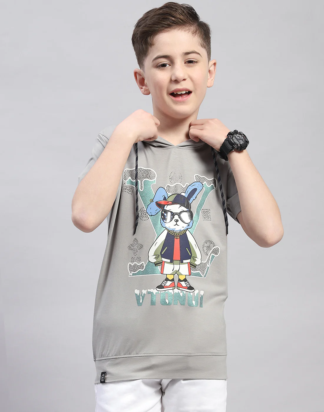 Boys Grey Printed Hooded Half Sleeve T-Shirt - Image 2