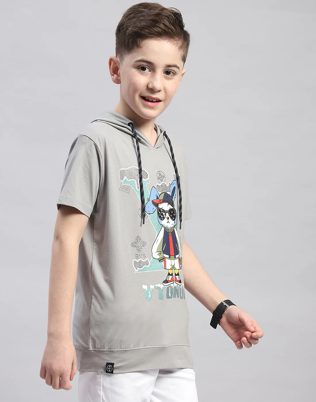 Boys Grey Printed Hooded Half Sleeve T-Shirt - Image 4