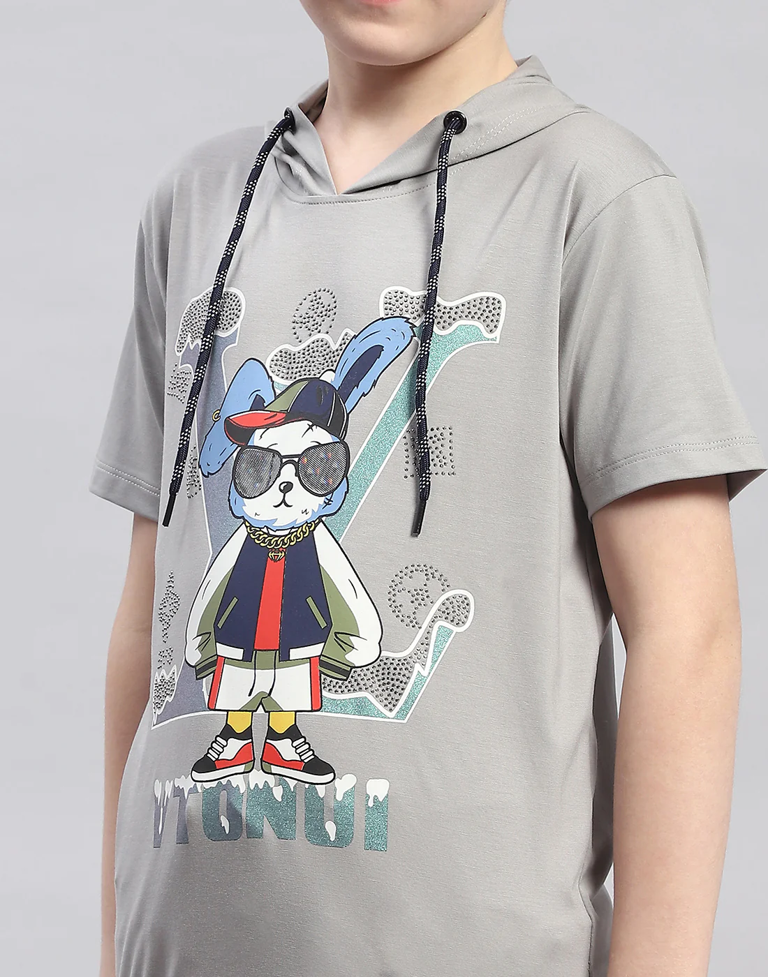 Boys Grey Printed Hooded Half Sleeve T-Shirt - Image 6