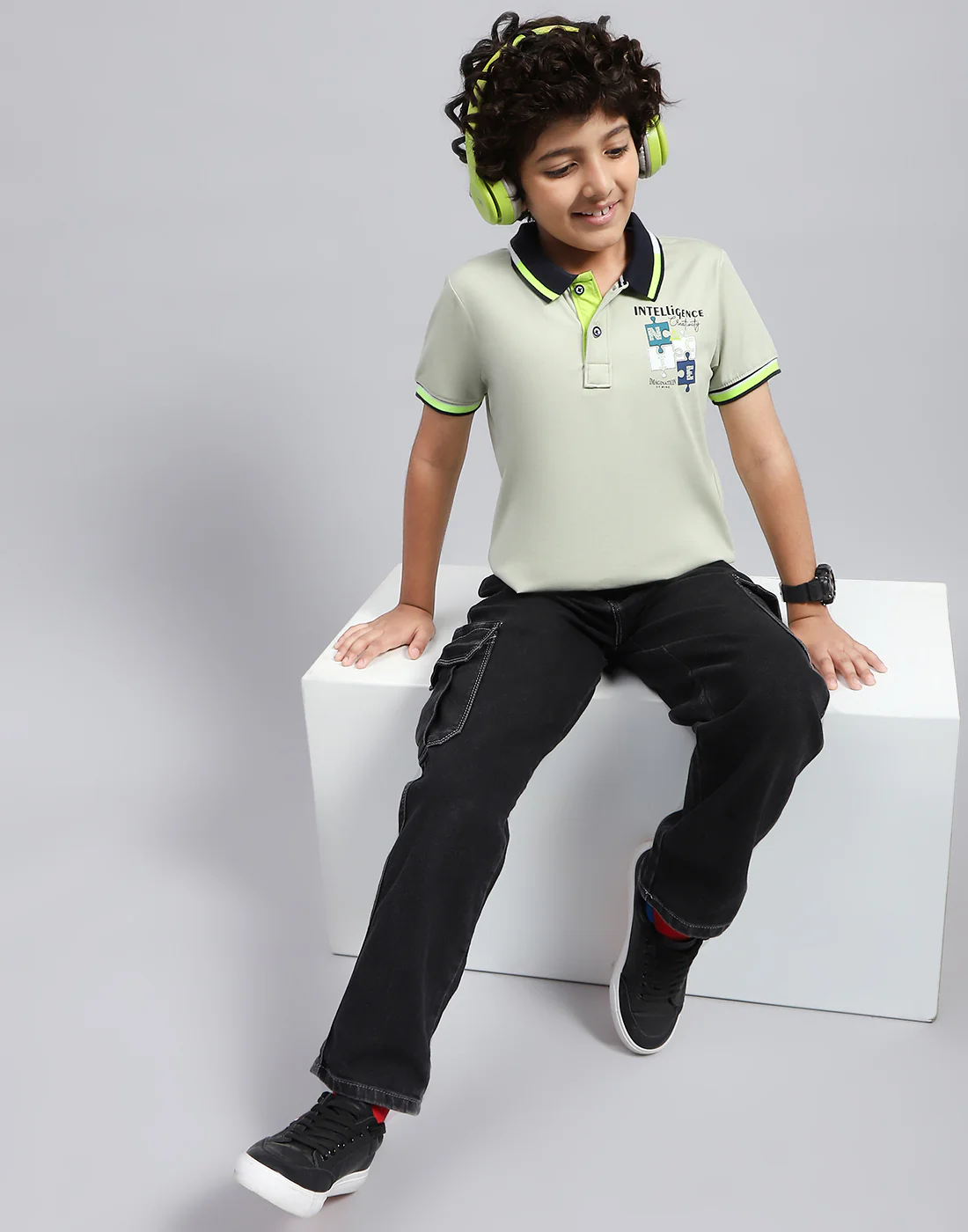 Boys Grey Printed Polo Collar Half Sleeve T-Shirt - Image 2