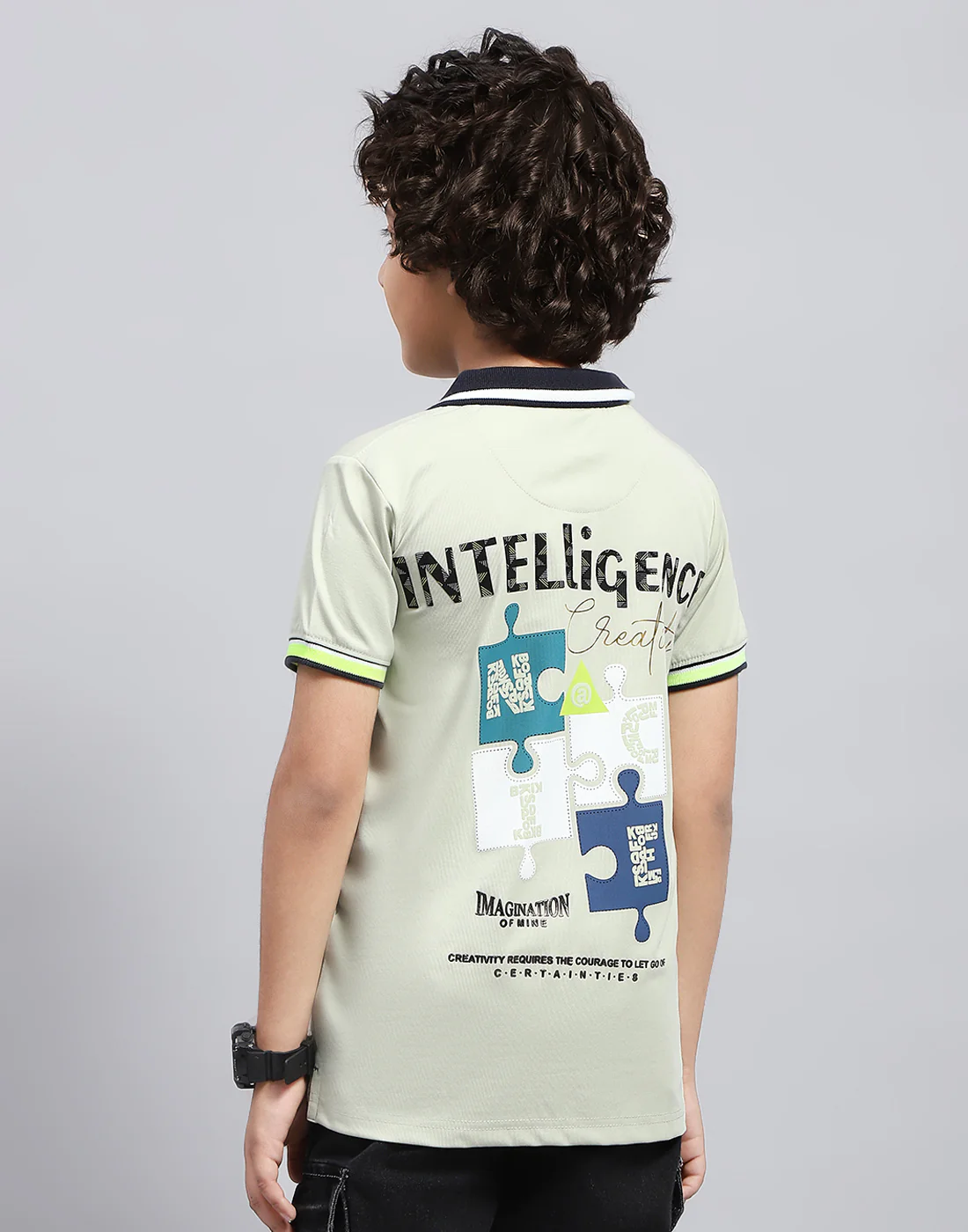 Boys Grey Printed Polo Collar Half Sleeve T-Shirt - Image 6