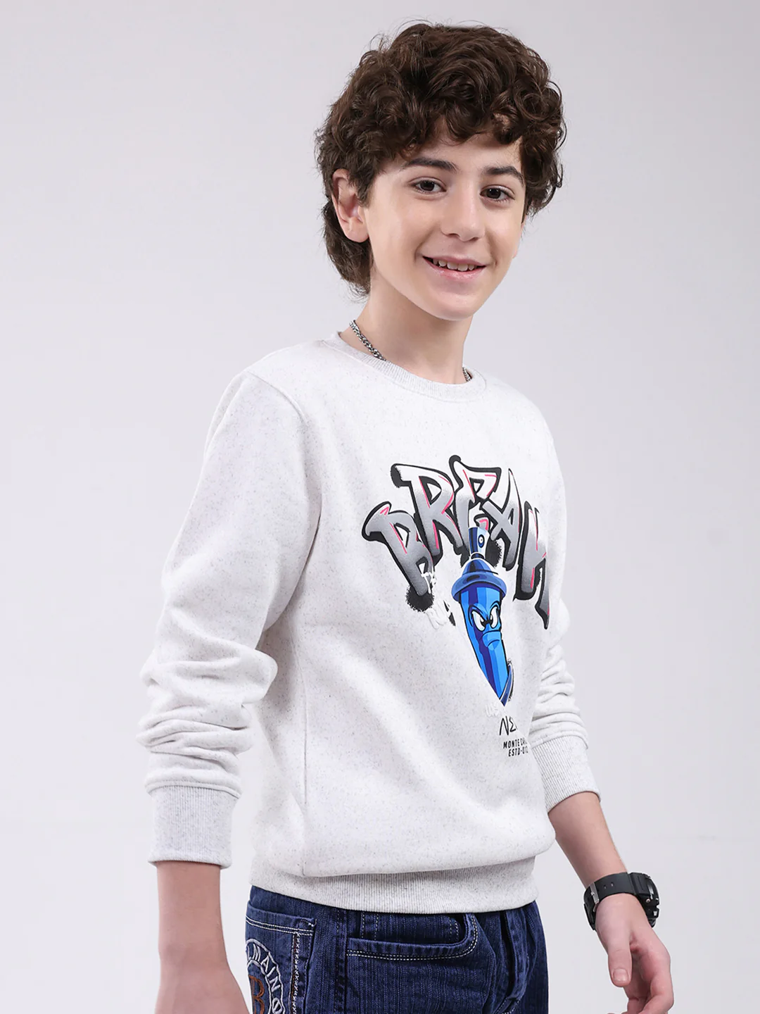 Boys Grey Printed Round Neck Full Sleeve Sweatshirt - Image 4