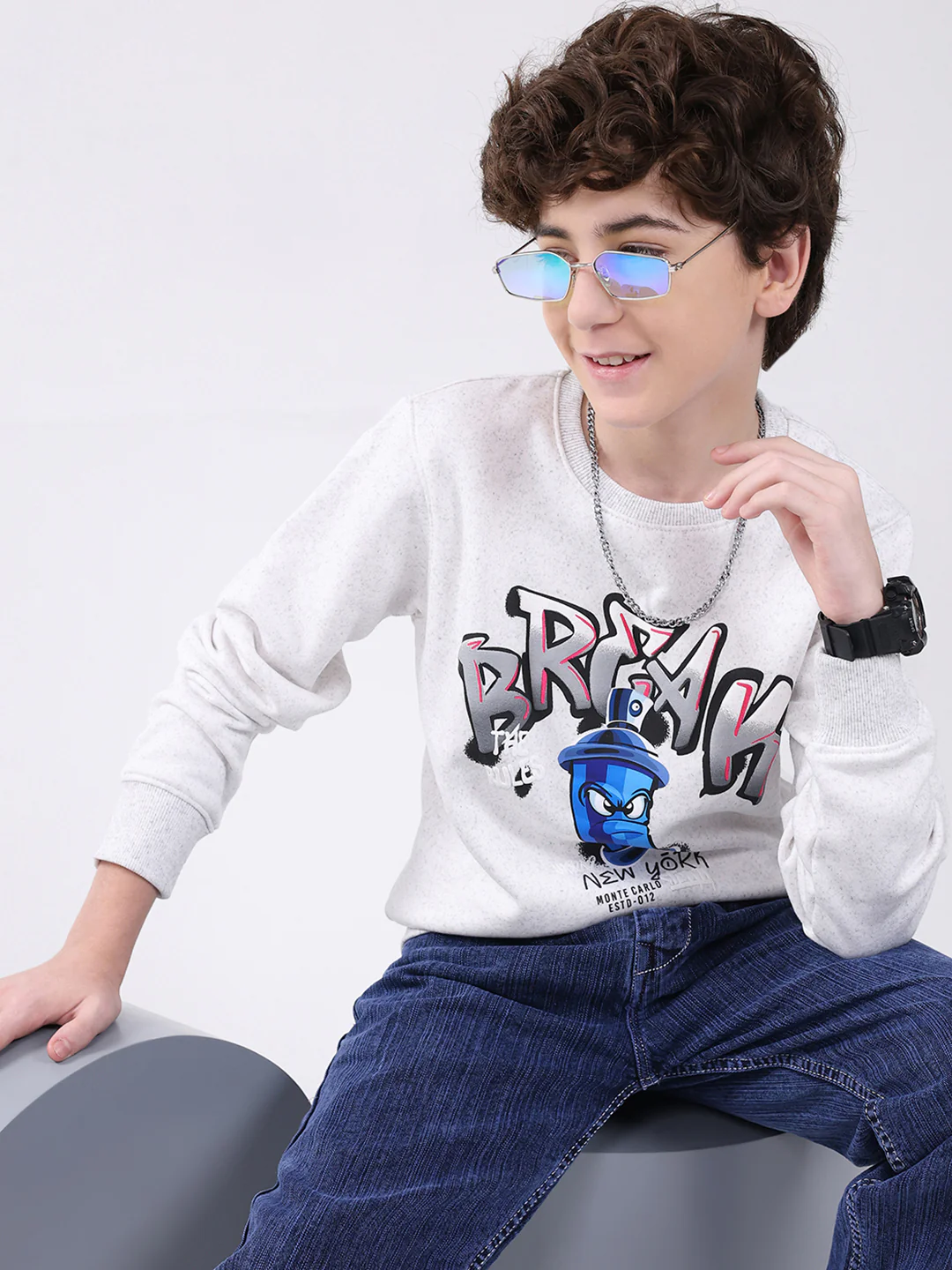 Boys Grey Printed Round Neck Full Sleeve Sweatshirt - Image 6