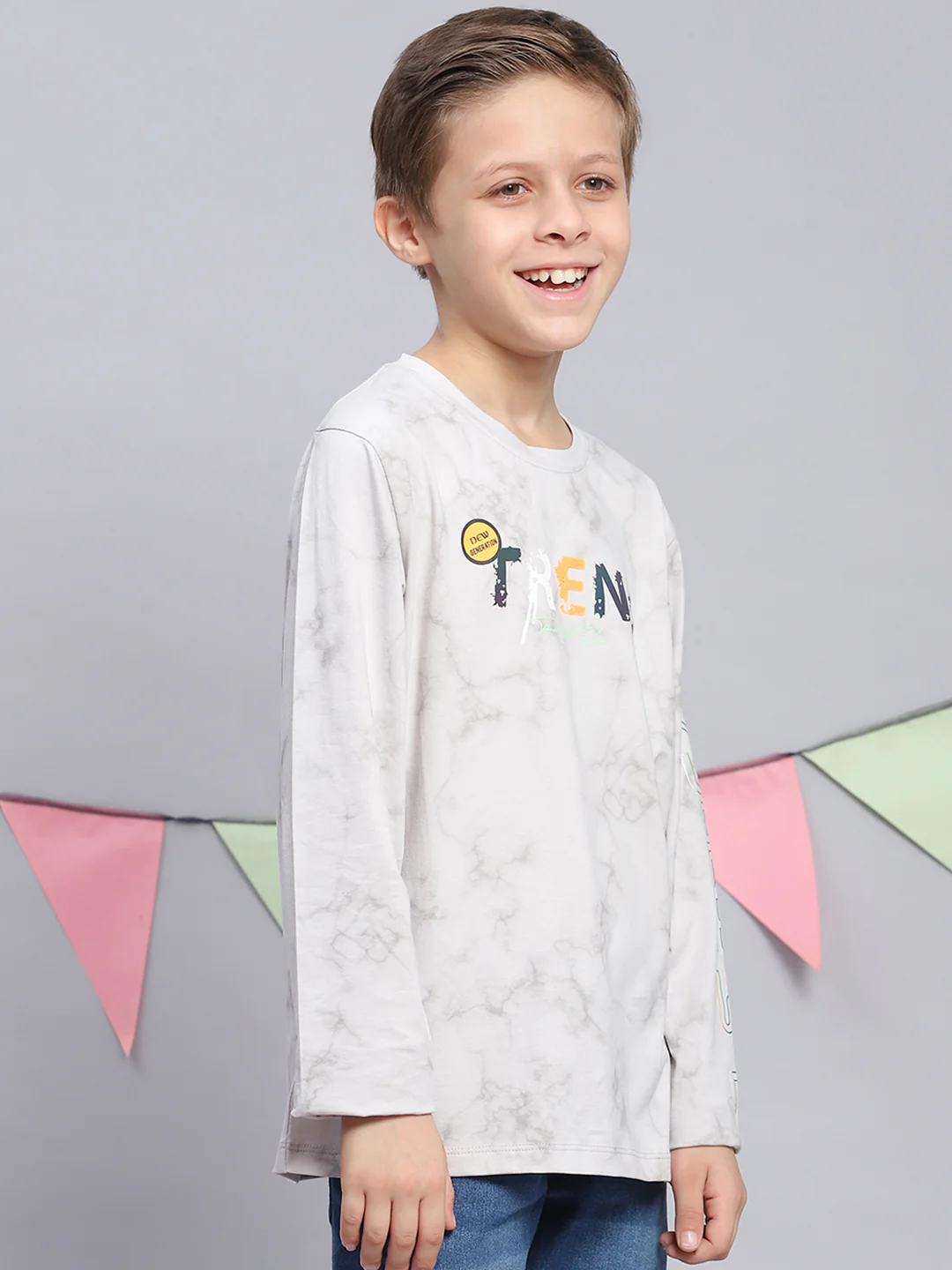 Boys Grey Printed Round Neck Full Sleeve T-Shirts - Image 4