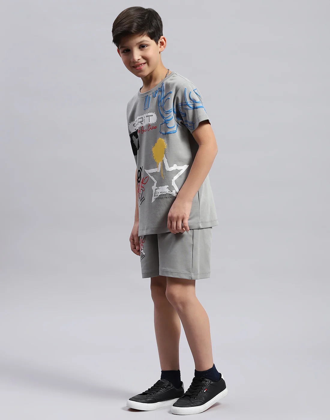 Boys Grey Printed Round Neck Half Sleeve Bermuda Set - Image 3