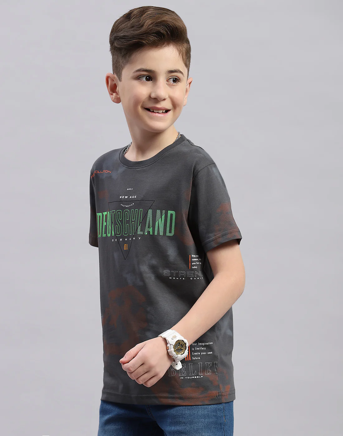 Boys Grey Printed Round Neck Half Sleeve T-Shirt - Image 3