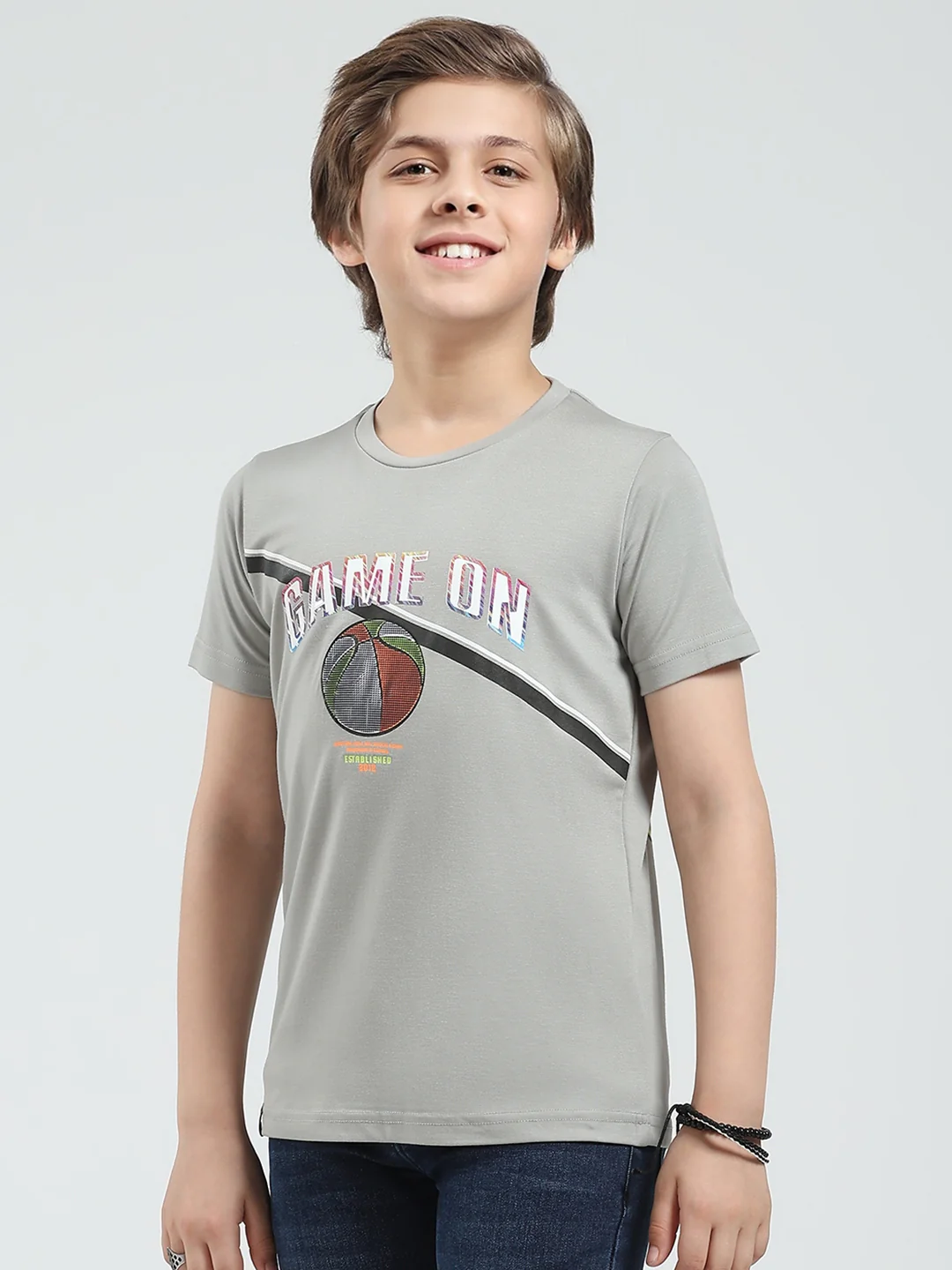 Boys Grey Printed Round Neck Half Sleeve T-Shirt - Image 3