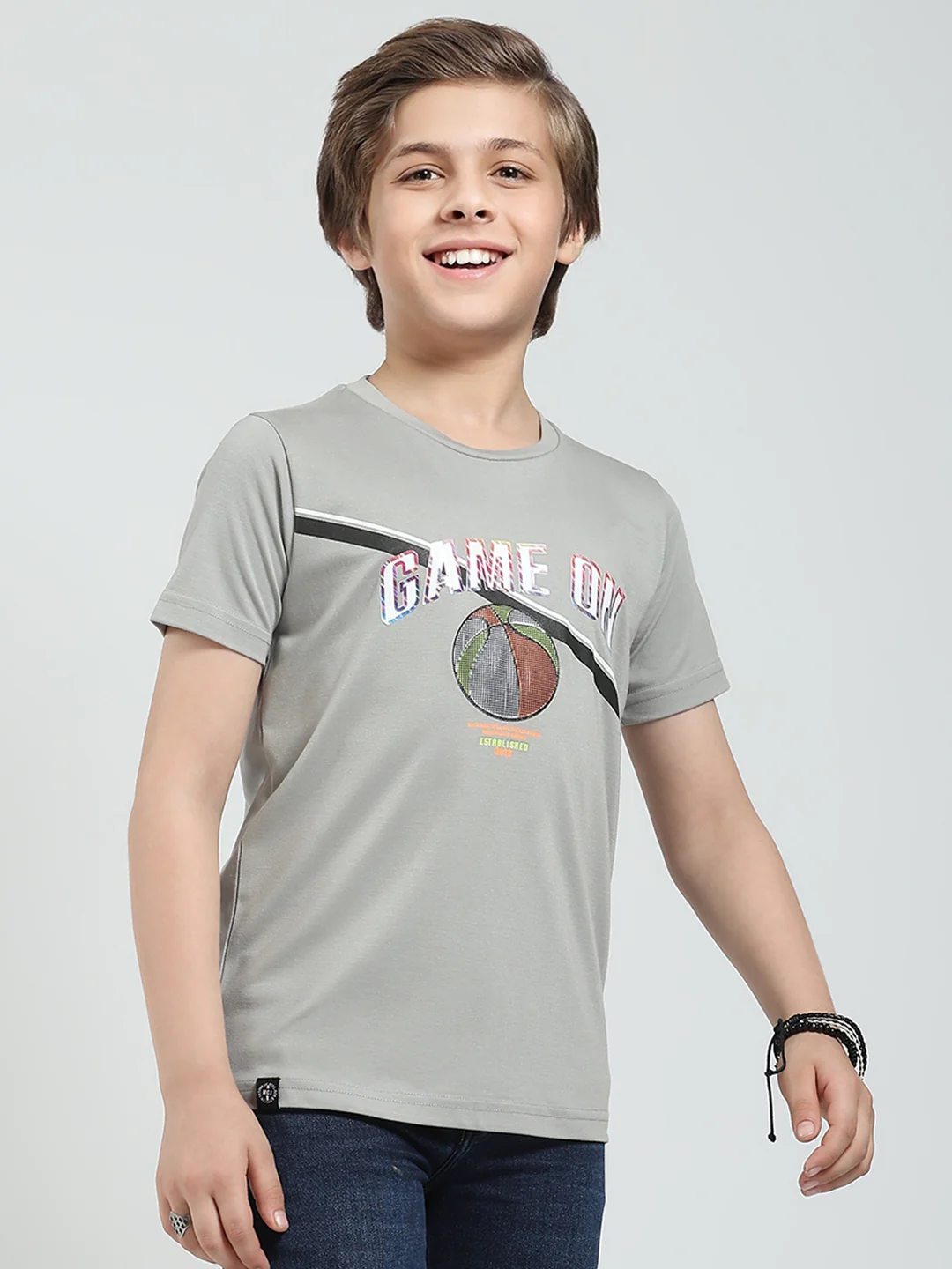 Boys Grey Printed Round Neck Half Sleeve T-Shirt - Image 4