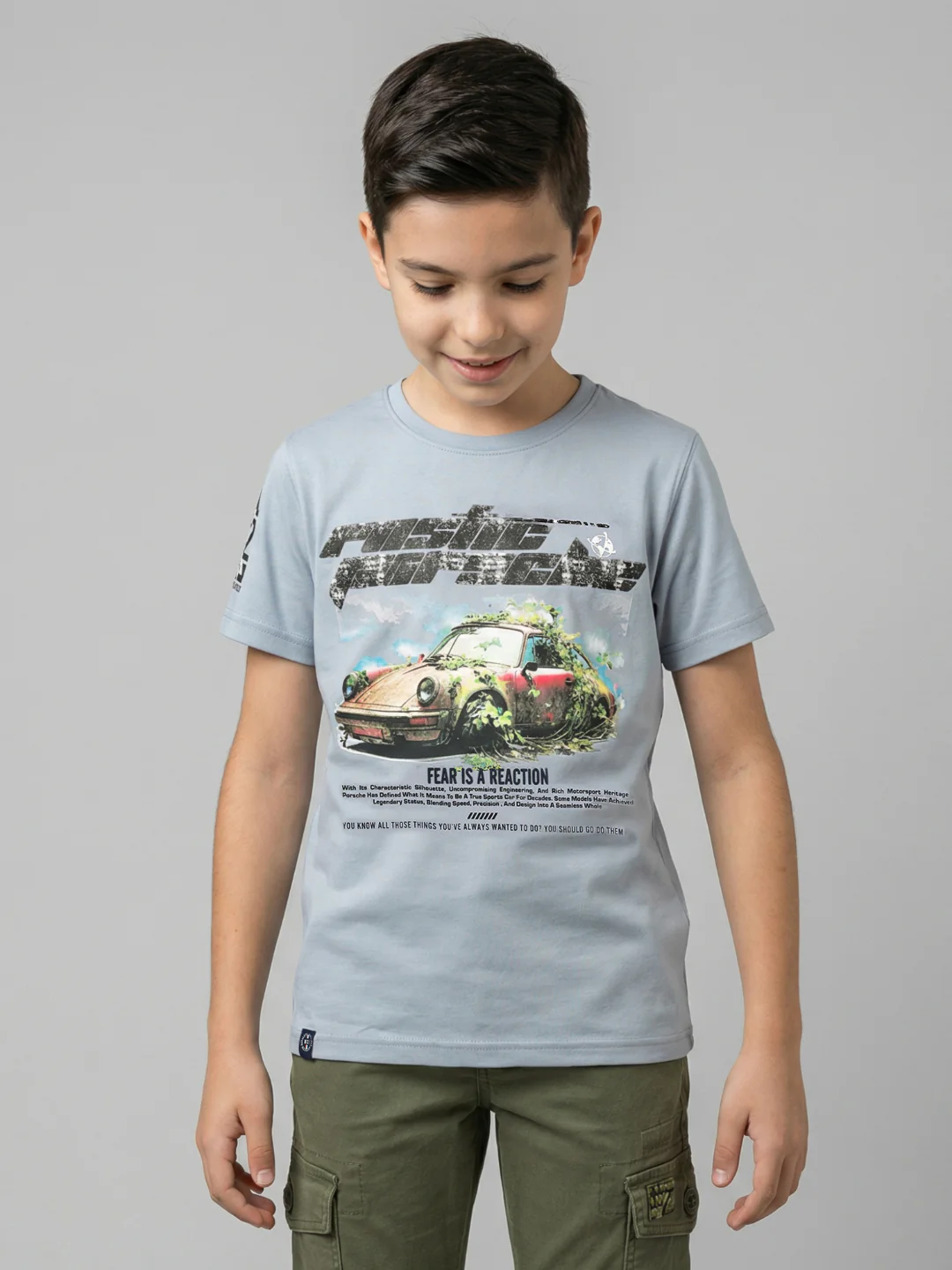 Boys Grey Printed Round Neck Half Sleeve T-Shirt - Image 3