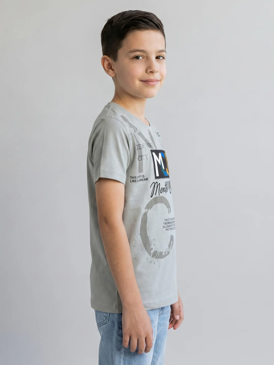 Boys Grey Printed Round Neck Half Sleeve T-Shirt - Image 2