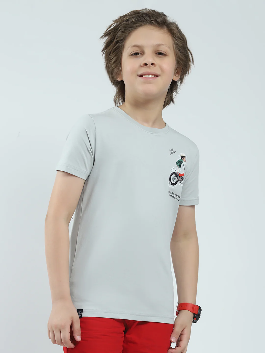 Boys Grey Printed Round Neck Half Sleeve T-Shirt - Image 4