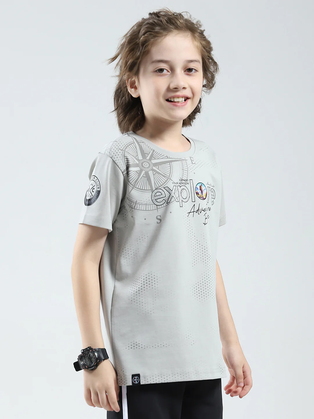 Boys Grey Printed Round Neck Half Sleeve T-Shirt - Image 4