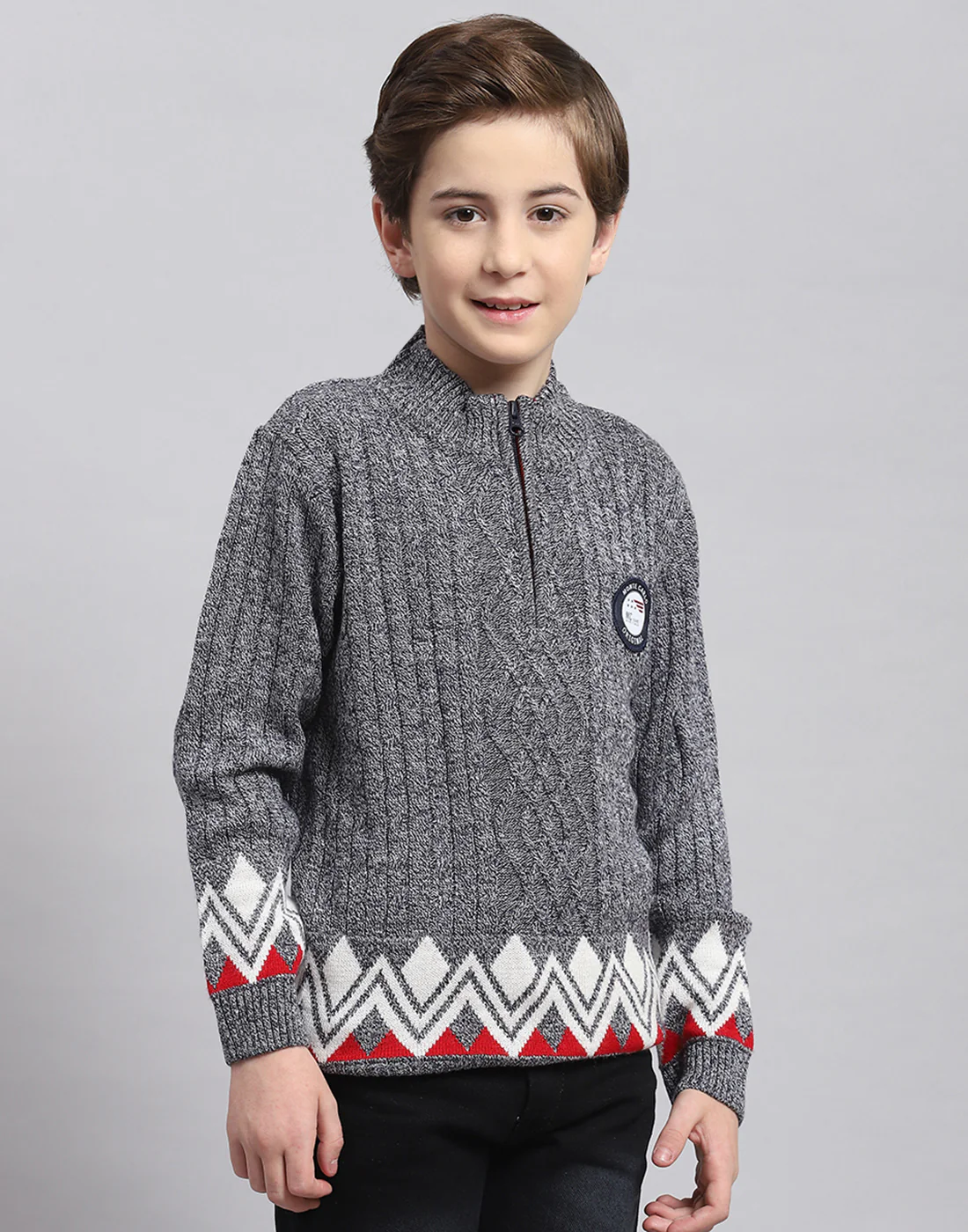 Boys Grey Self Design Round Neck Full Sleeve Sweater - Image 4
