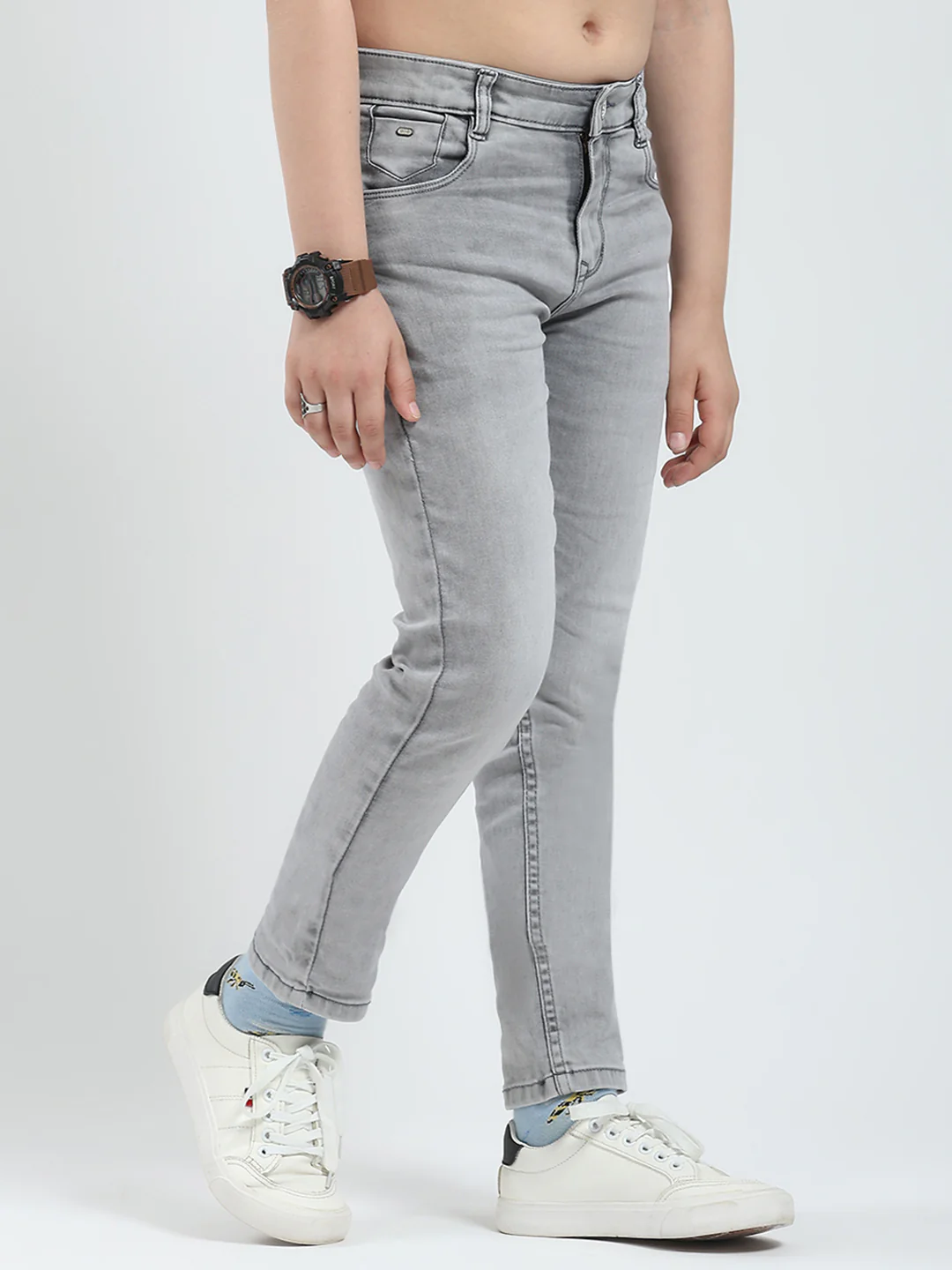 Boys Grey Solid Slim Fit Denim - Image 4