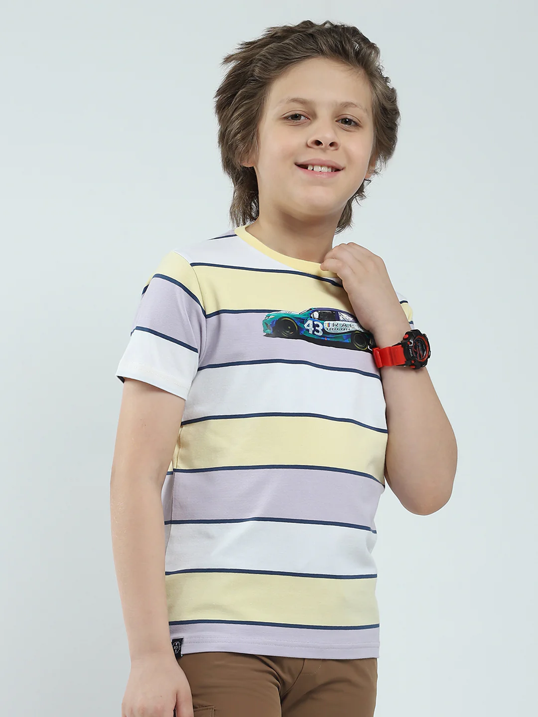 Boys Grey & Yellow Stripe Round Neck Half Sleeve T-Shirt - Image 4
