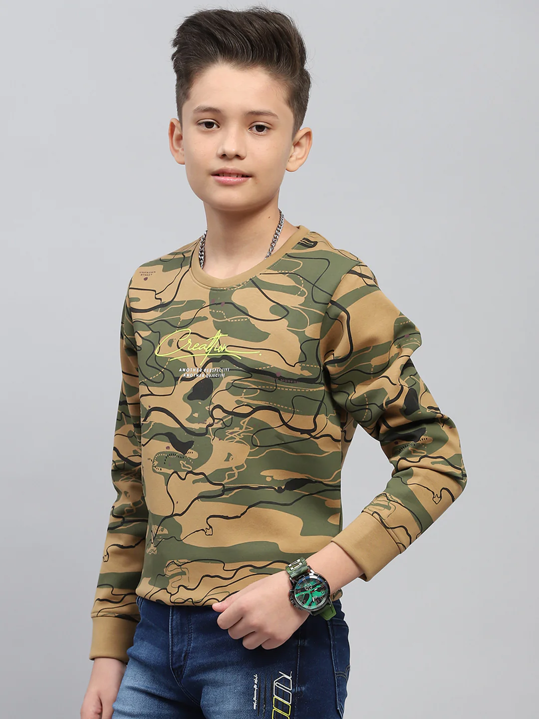 Boys Khaki Printed Round Neck Full Sleeve Sweatshirt - Image 3