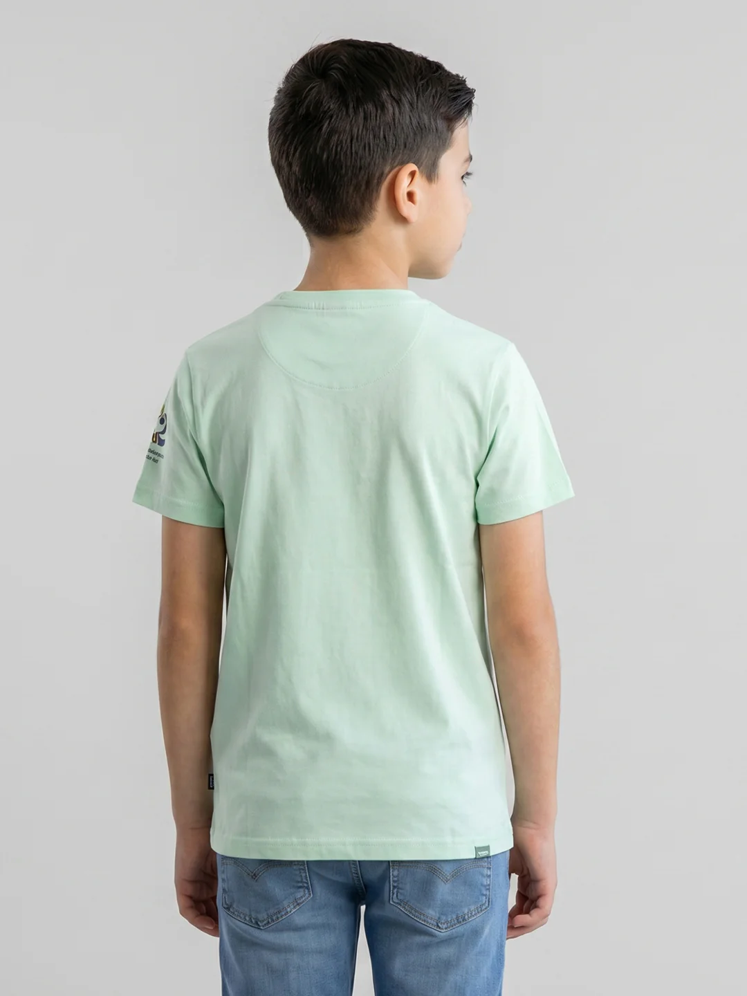 Boys Light Green Printed Round Neck Half Sleeve T-Shirt - Image 4