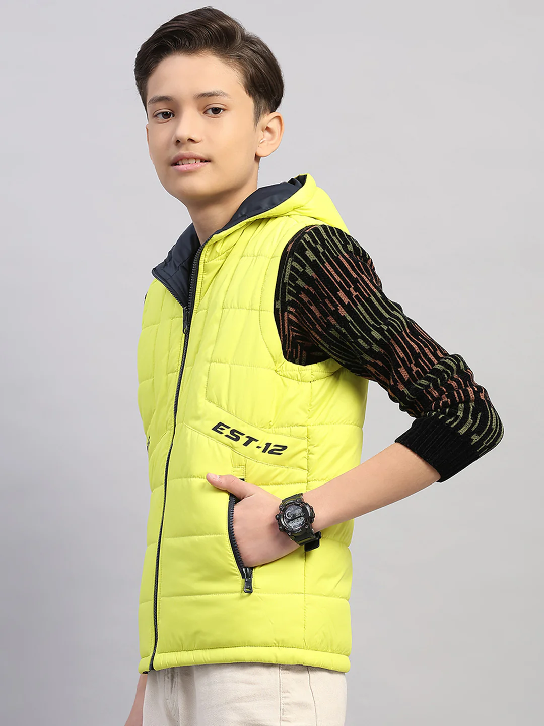 Boys Lime Green Printed Collar Sleeveless Reversible Jacket - Image 3