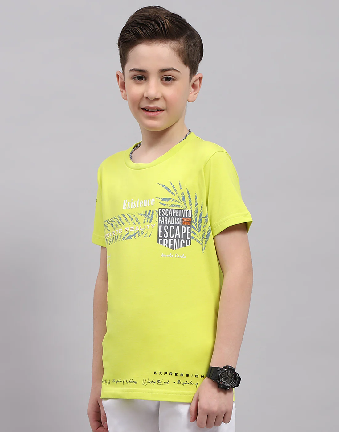 Boys Lime Green Printed Round Neck Half Sleeve T-Shirt - Image 3