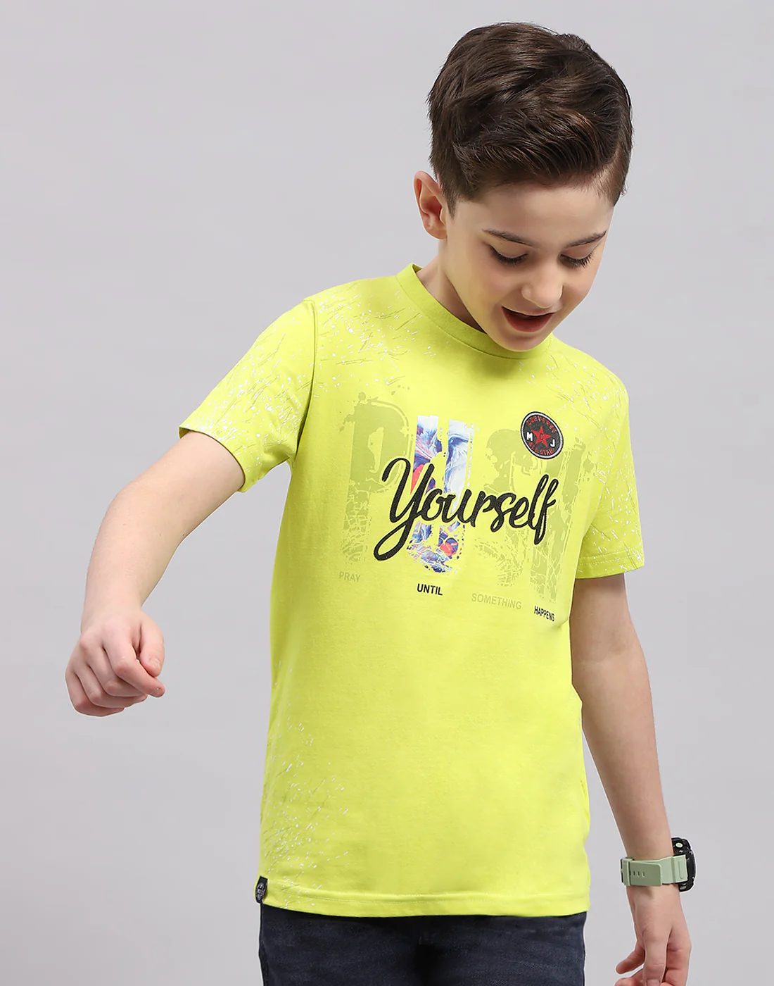 Boys Lime Green Printed Round Neck Half Sleeve T-Shirt - Image 2