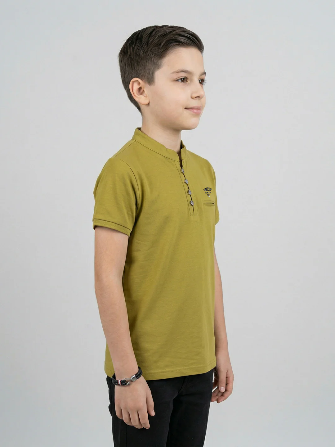 Boys Lime Green Solid Henley Neck Half Sleeve T-Shirt - Image 3