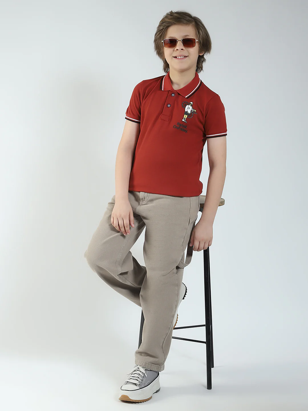 Boys Maroon Printed Collar Half Sleeve T-Shirt - Image 2