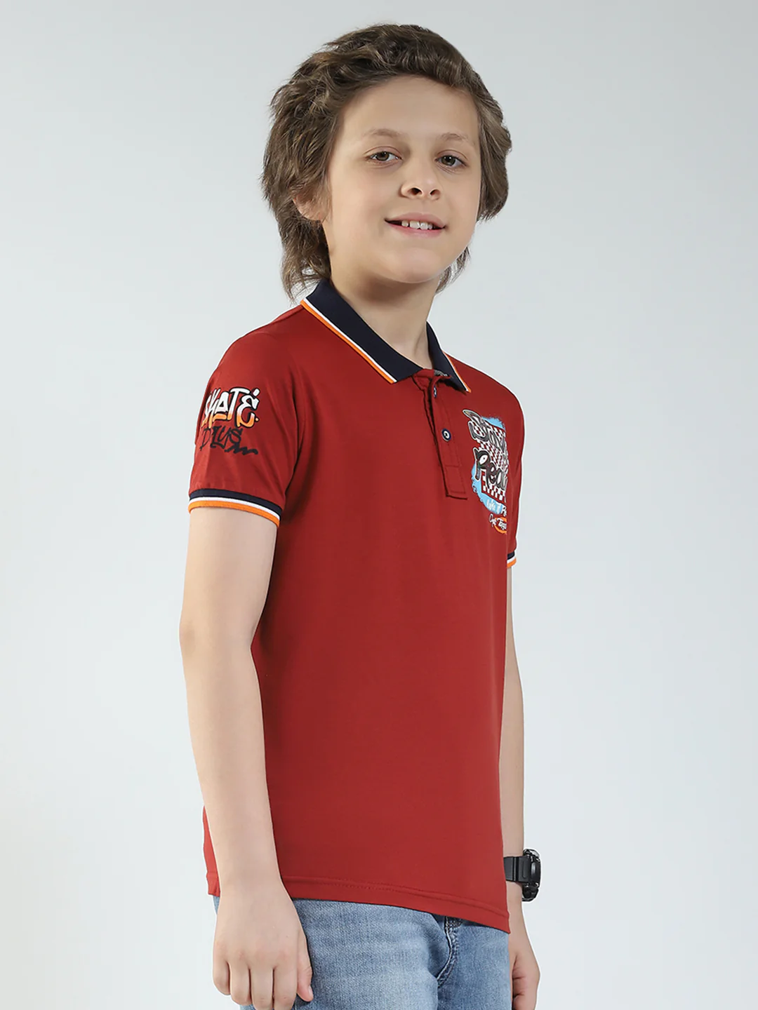 Boys Maroon Printed Collar Half Sleeve T-Shirt - Image 4