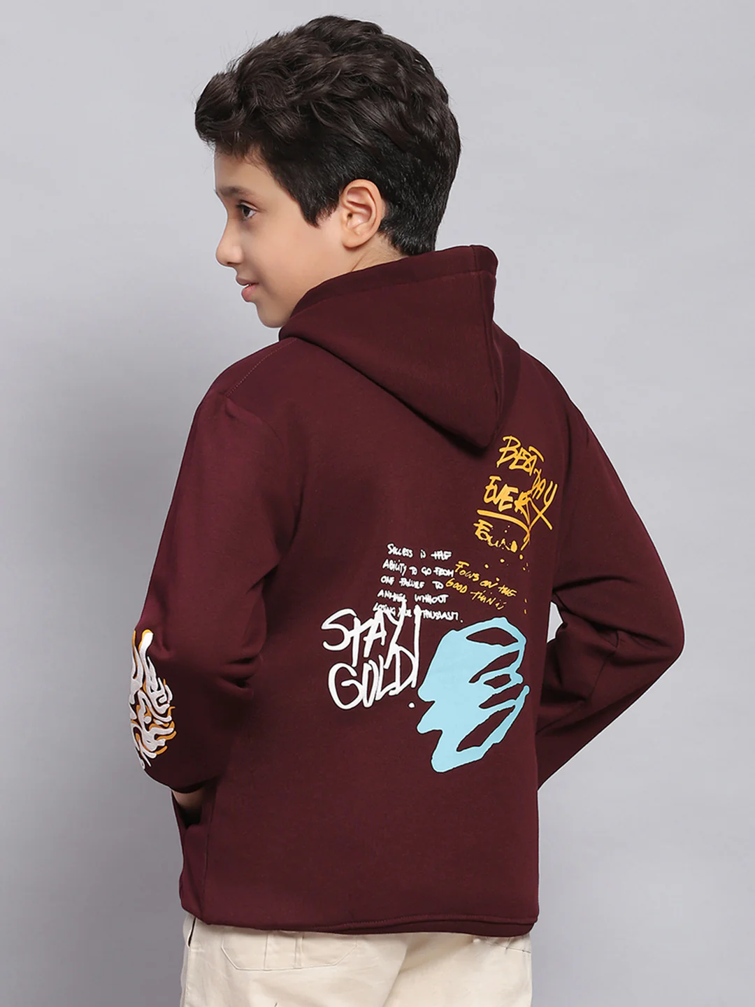 Boys Maroon Printed Hooded Full Sleeve Sweatshirt - Image 5