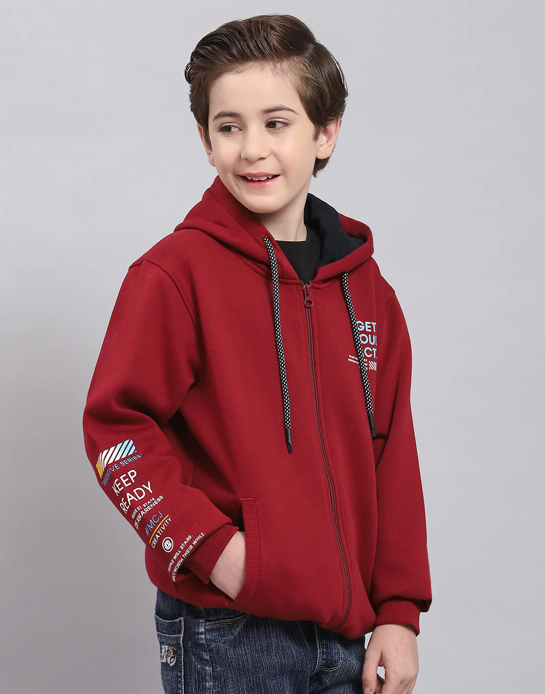 Boys Maroon Printed Hooded Full Sleeve Sweatshirt - Image 4