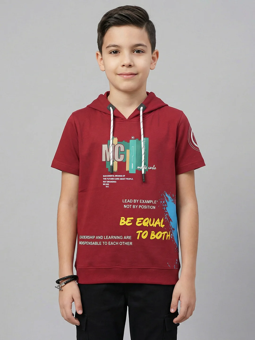 Boys Maroon Printed Hooded Half Sleeve T-Shirt - Image 2