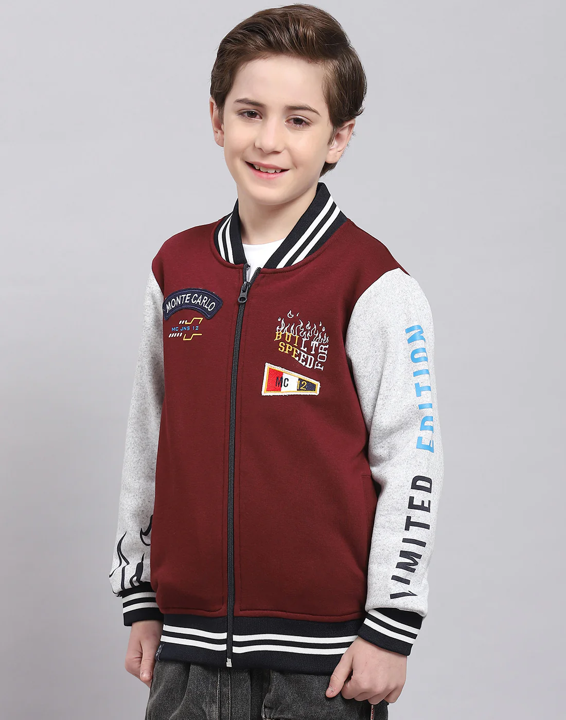 Boys Maroon Printed Mandarin Collar Full Sleeve Sweatshirt - Image 3