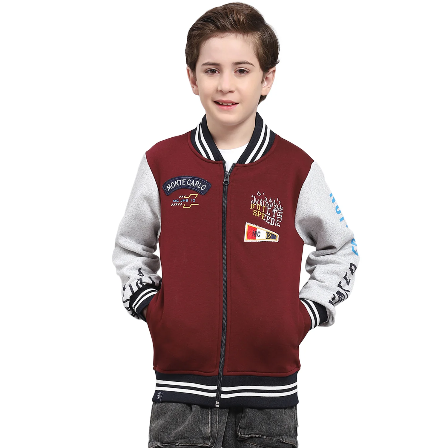 Boys Maroon Printed Mandarin Collar Full Sleeve Sweatshirt - Image 5