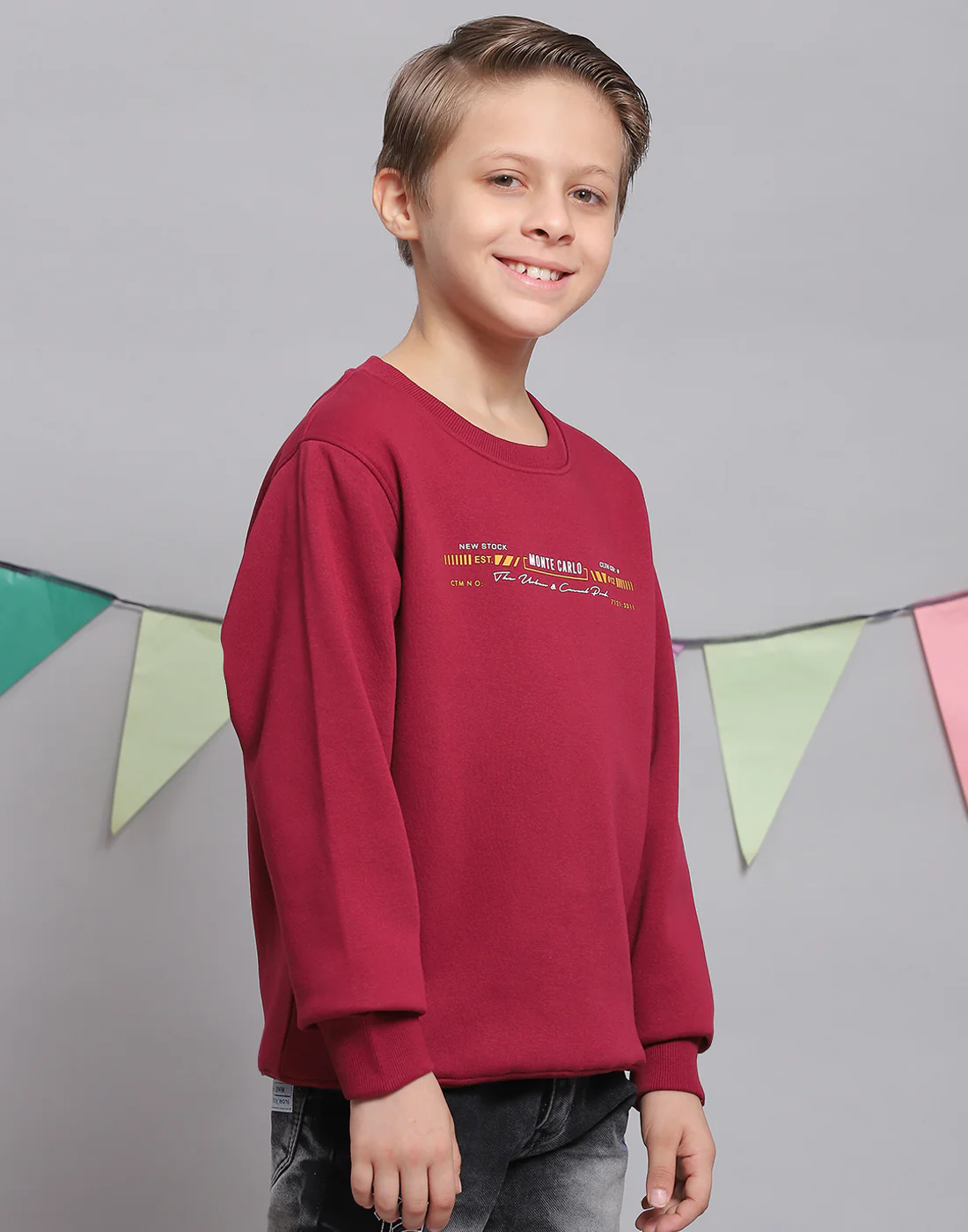 Boys Maroon Printed Round Neck Full Sleeve Sweatshirt - Image 5