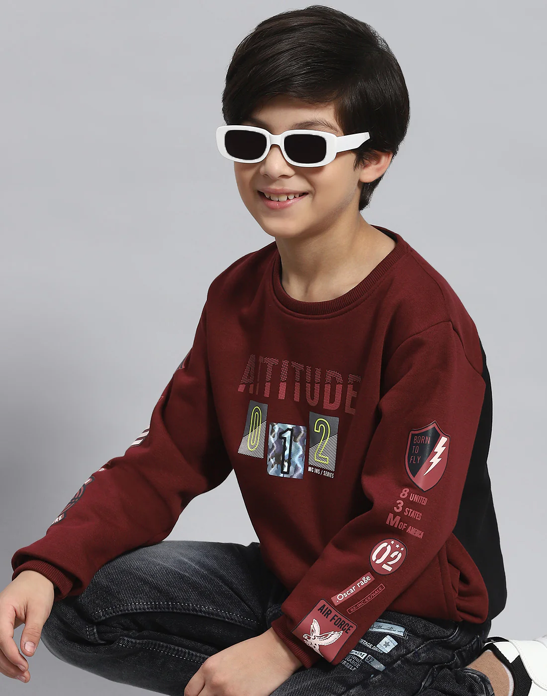 Boys Maroon Printed Round Neck Full Sleeve Sweatshirt - Image 6
