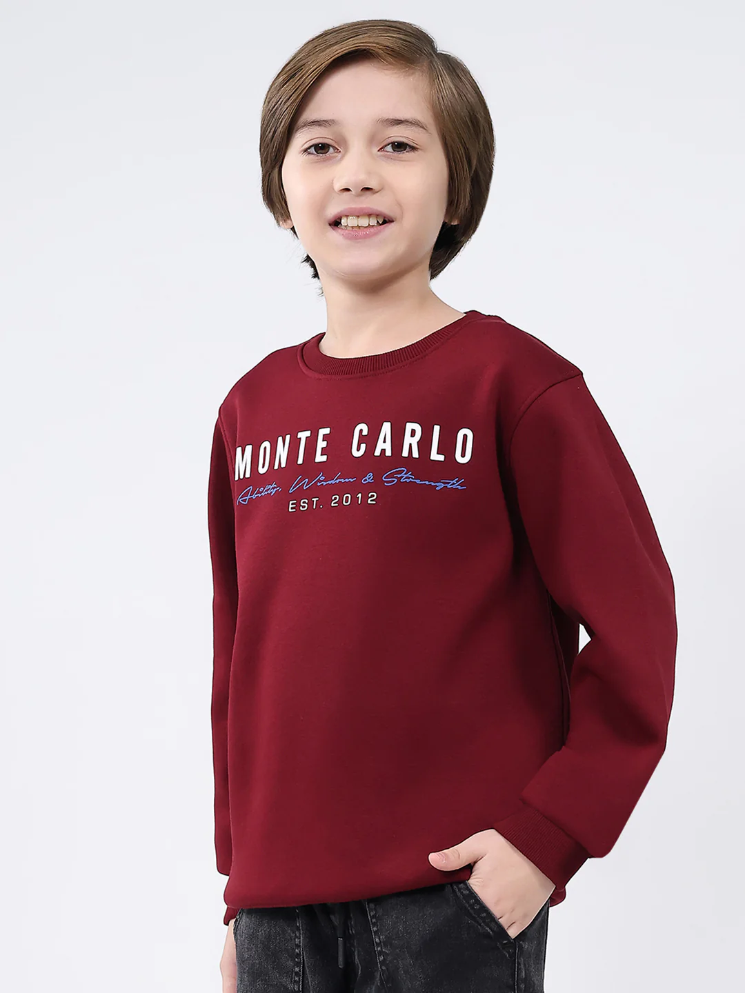 Boys Maroon Printed Round Neck Full Sleeve Sweatshirt - Image 3