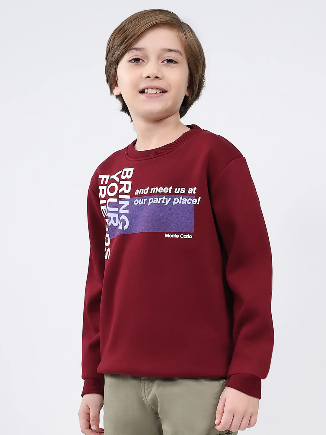 Boys Maroon Printed Round Neck Full Sleeve Sweatshirt - Image 3