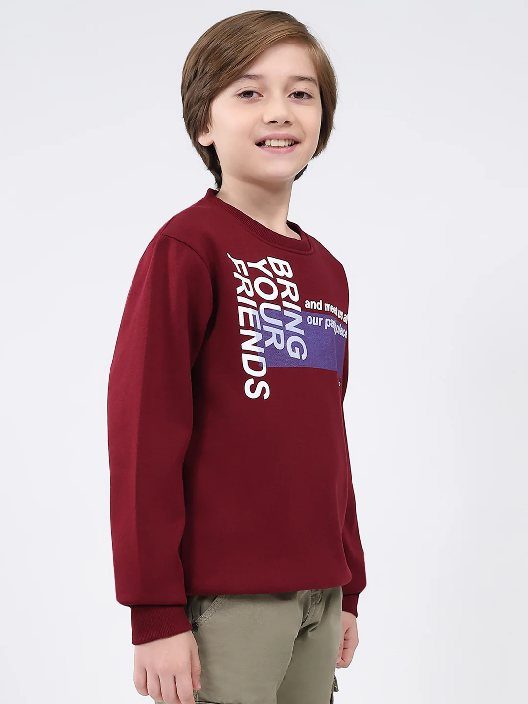 Boys Maroon Printed Round Neck Full Sleeve Sweatshirt - Image 4