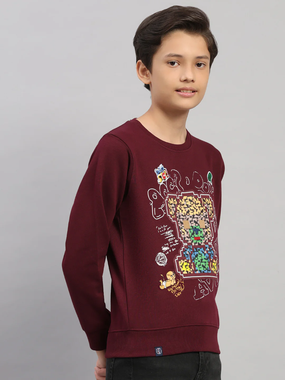 Boys Maroon Printed Round Neck Full Sleeve Sweatshirt - Image 4
