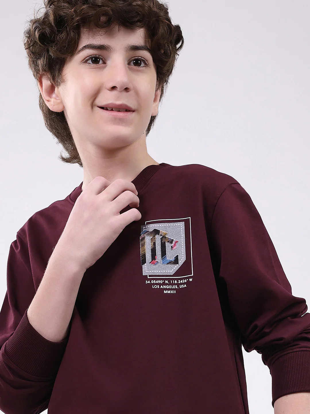 Boys Maroon Printed Round Neck Full Sleeve Winter T-Shirt - Image 7